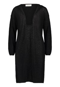 Černý kardigan vyrobený z průsvitného, lehkého materiálu s kapucí, otevřeným předním dílem a dlouhými rukávy. Má uvolněný střih a texturovaný povrch.