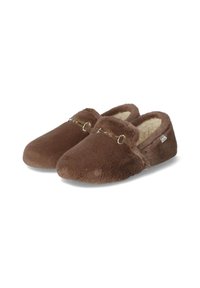 Brown, faux fur slippers with a plush texture, slip-on design, and a decorative gold chain accent along the upper. Lined with soft material.