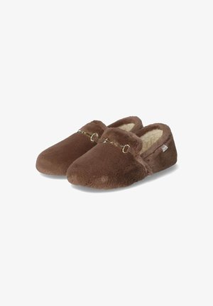 Brown, faux fur slippers with a plush texture, slip-on design, and a decorative gold chain accent along the upper. Lined with soft material.