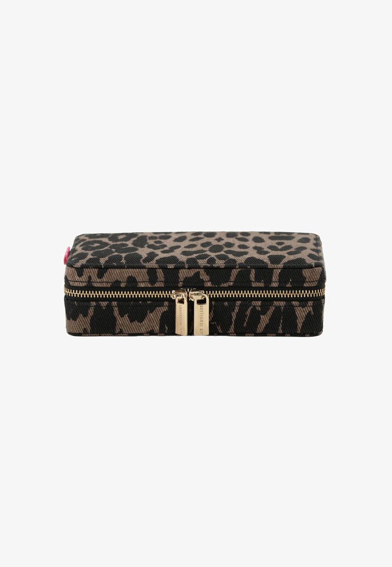 Leopard print pencil case made of fabric. Rectangular shape, gold zipper hardware, and a pink accent on one side.