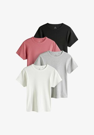 Fire ensfarvede, kortærmede crewneck t-shirts i sort, støvet lyserød, lys grå og hvid, arrangeret overlappende på en hvid baggrund.