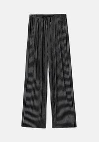 Pantalons larges noirs avec des rayures verticales blanches et une taille élastique dotée d'un cordon de serrage noir.