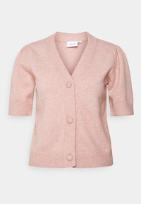 Cardigan rose  à manches courtes en tissu doux, avec un col en V, trois boutons sur le devant et des poignets et une bordure côtelés.