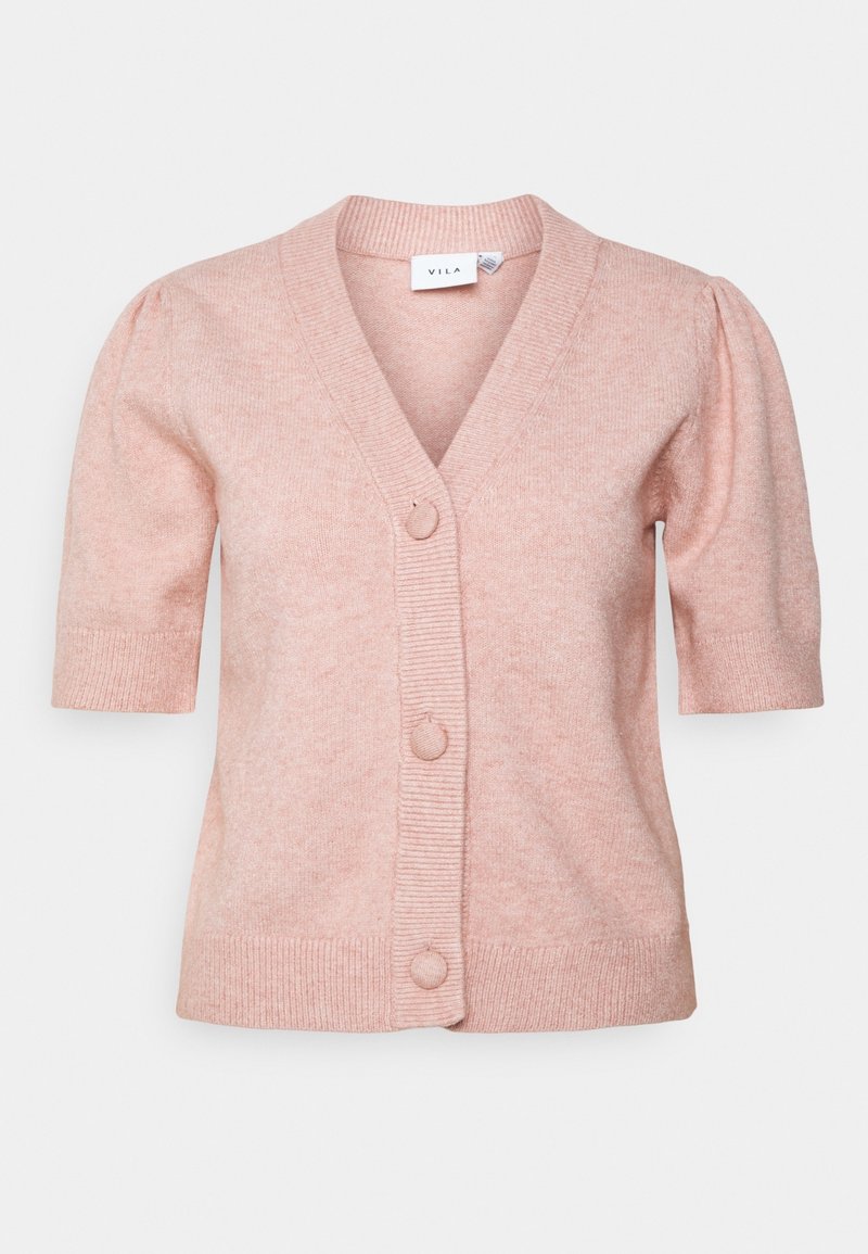 Cardigan rose à manches courtes en tissu doux, avec un col en V, trois boutons sur le devant et des poignets et une bordure côtelés.