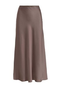 Brun satin maxi-nederdel med en glat tekstur, slank talje og flydende silhuet. Har en kant, der buer blødt for ekstra bevægelse.