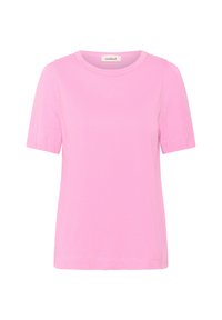 Lyserød kortærmet t-shirt med rund hals og blød, glat tekstur. Subtile puff-detaljer på skuldrene forbedrer designet.