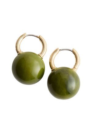 Green round earrings with a glossy finish, featuring gold-tone hardware accents and hoop clasps. Smooth texture with a polished surface.