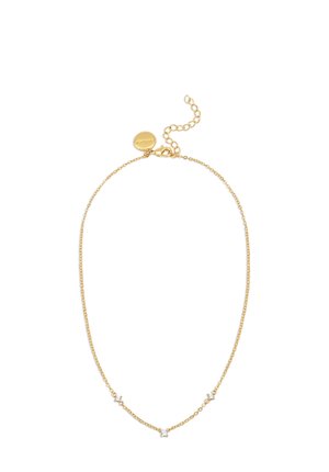 Collana di catena dorata con quattro piccole pietre trasparenti equamente distanziate lungo la catena. Dotata di un gancio a moschettone e lunghezza regolabile.