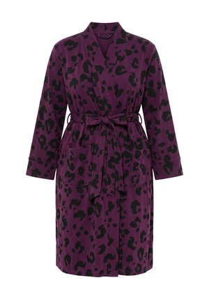 Ulla Popken, LEOPARD PRINT TERRY CLOTH LINED BATHROBE - Badekåber - dark plum