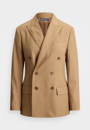 Doppelt geknöpfter Blazer aus braunem Material mit Reverskragen, zwei Fronttaschen und braunen Knöpfen, ausgestattet mit einer taillierten Passform und glatter Textur.