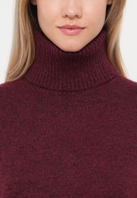 Pulover burgund cu guler înalt, din tricot cu un model în dungi, având o siluetă ajustată și variații tonale subtile.