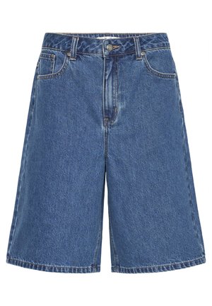 Denimshorts i mørkeblå med høj talje, brede ben, fem lommer og kontrastfulde orange syninger.