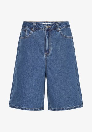 Denimshorts i mørkeblå med høj talje, brede ben, fem lommer og kontrastfulde orange syninger.