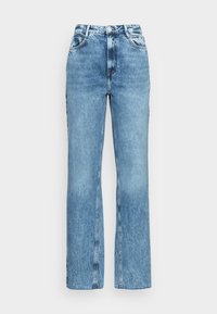 Jeans de cintura alta azul clara com corte de perna reta. Feitos de denim com um acabamento desbotado. Apresentam cinco bolsos e costura em contraste.