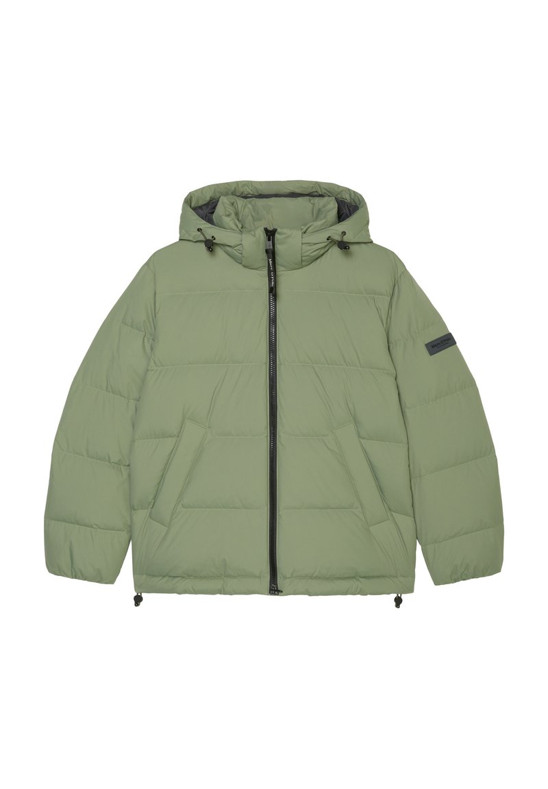 Helle grüne, gepolsterte Jacke mit Kapuze, Frontreißverschluss und zwei Seitentaschen. Mit elastischen Bündchen und einer strukturierten Oberfläche.