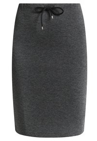 Jupe crayon grise en tissu texturé, avec un cordon de serrage à la taille doté d'embouts en argent. Design droit, longueur genoux.