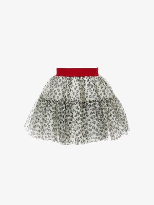 Tulle suknja s višeslojnim dizajnom u uzorku leopard. Ima široki crveni pojas s utisnutim natpisom. Laka i prozirna.