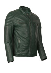 Musta vihreä nahkatakki, jossa on tikkatut olkapaneelit, etuvetoketju, ja vetoketjulliset rinta- ja sivutaskut, shown edestä.