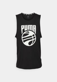 Débardeur noir sans manches Puma avec un graphisme audacieux de basket-ball blanc et le texte "PUMA" sur le devant.