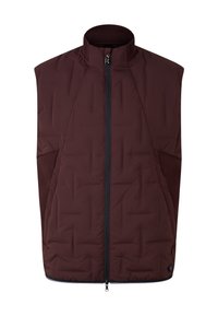 Bordeauxrote gesteppte Weste mit hohem Kragen, Frontreißverschluss und Mesh-Einsätzen an den Seiten. Verfügt über eine gesteppte Textur und ein Logo am Saum.