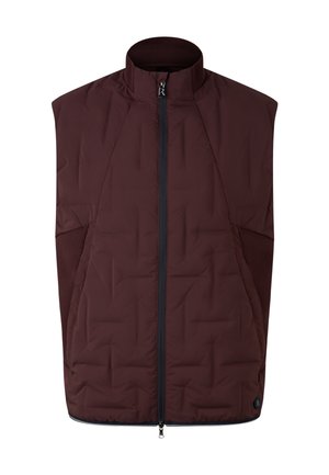 Bordowa pikowana kamizelka z wysokim kołnierzem, przednim zamkiem błyskawicznym i siateczkowymi bocznymi panelami. Posiada pikowaną fakturę i logo na dole.