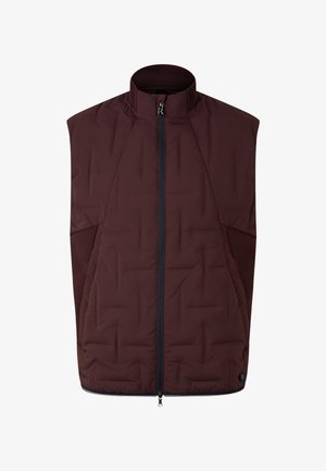 Bordowa pikowana kamizelka z wysokim kołnierzem, przednim zamkiem błyskawicznym i siateczkowymi bocznymi panelami. Posiada pikowaną fakturę i logo na dole.