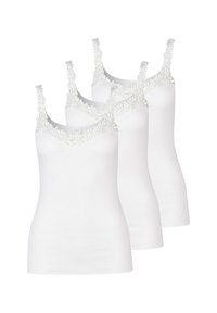 White tank tops in a pack of three, featuring delicate lace trim along the neckline and adjustable straps. Smooth, soft fabric texture.