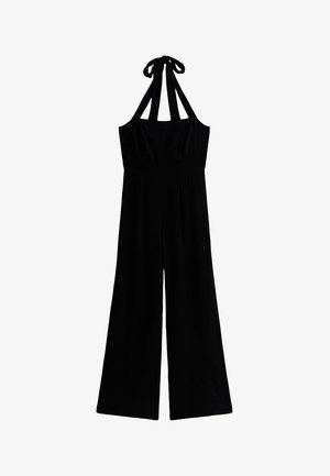 Zwarte jumpsuit met een getailleerde bovenkant, halternekbanden en wijde broeken. Gemaakt van een zachte stof, met een fijne textuur en een minimalistischer ontwerp.