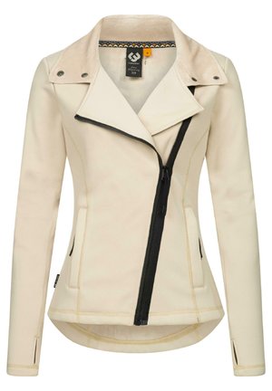 Veste moulante beige avec une fermeture éclair asymétrique noire, texture lisse, ourlet arrondi et coutures contrastantes. Dotée d'un col et de poches latérales.