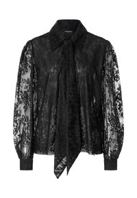 Schwarze Spitzenbluse mit Kragen, langen puffärmel und einer Bindeschnur am Hals. Durchscheinende Textur mit floralen Mustern.