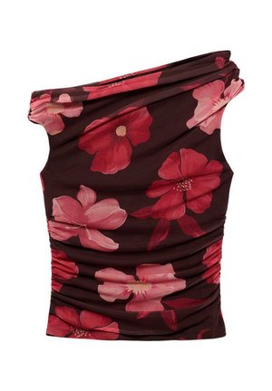 Off-the-shoulder top in dark brown fabric with red floral patterns. Features ruching along the sides for texture and form-fitting design.