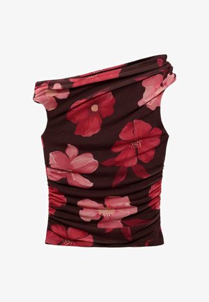 Off-the-shoulder top in dark brown fabric with red floral patterns. Features ruching along the sides for texture and form-fitting design.