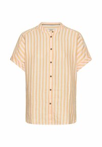 Kortärmad shirt in lichtgeel met witte verticale strepen, voorzien van een Mandarin-kraag en houten knopen aan de voorkant.