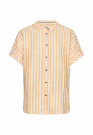 Kortärmad shirt in lichtgeel met witte verticale strepen, voorzien van een Mandarin-kraag en houten knopen aan de voorkant.