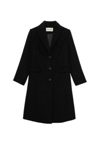 Černý vlněný kabát s dlouhými rukávy, klopami a třemi předními knoflíky. Obsahuje boční kapsy a hladkou podšívku.