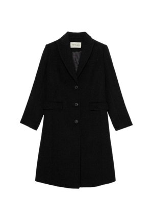 Schwarzer Wollmantel mit langen Ärmeln, Reverskragen und drei Knöpfen vorne. Verfügt über seitliche Taschen und ein glattes Innenfutter.