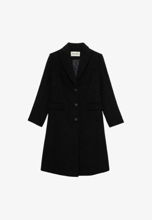 Schwarzer Wollmantel mit langen Ärmeln, Reverskragen und drei Knöpfen vorne. Verfügt über seitliche Taschen und ein glattes Innenfutter.