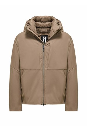Beige gewatteerde jas met een capuchon, een ritssluiting aan de voorkant, twee grote zakken en een ruitvormig gestikt patroon op de binnenvoering.