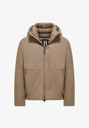 Beige gepolsterte Jacke mit Kapuze, Vorderreißverschluss, zwei großen Taschen und einem Diamantstepp-Design im Innenfutter.