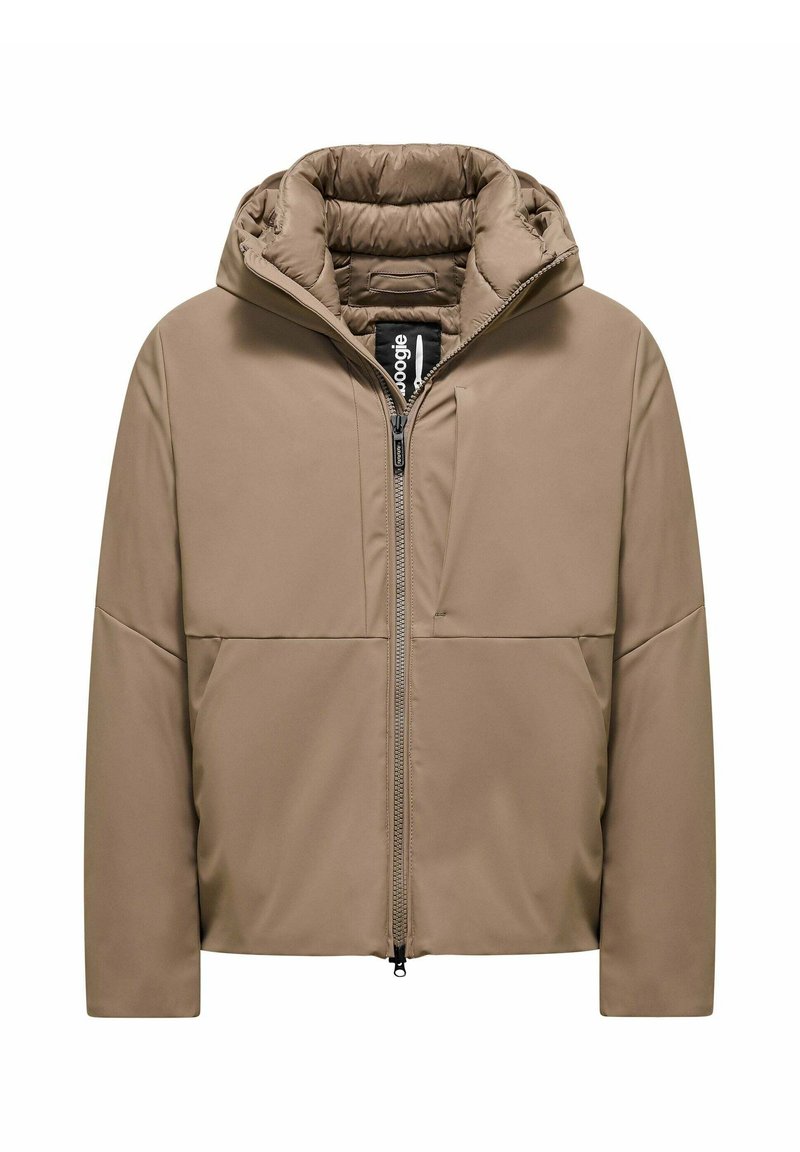 Beige gewatteerde jas met een capuchon, een ritssluiting aan de voorkant, twee grote zakken en een ruitvormig gestikt patroon op de binnenvoering.