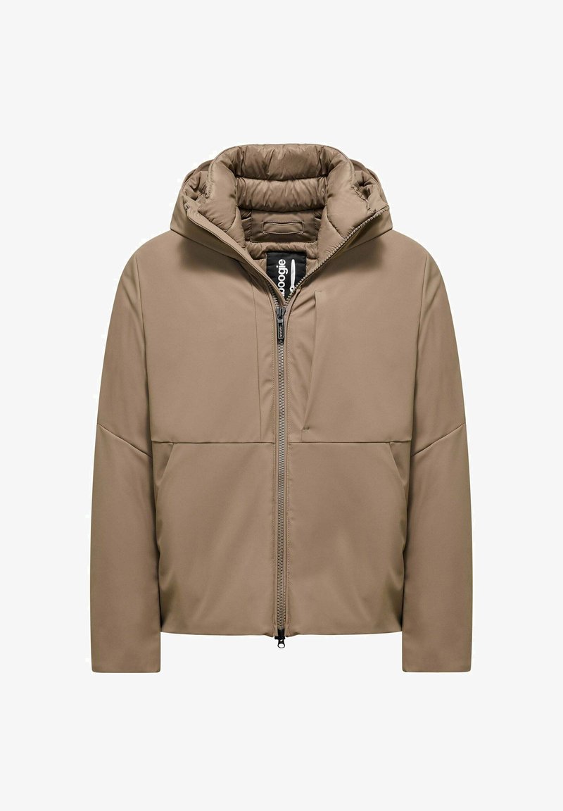 Giubbotto imbottito beige con cappuccio, cerniera frontale, due tasche grandi e texture a rombi nell'imbottitura interna.