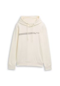 Ecrufarbene Kapuzenjacke mit Kordelzugkapuze, gerippten Bündchen und Saum. Verfügt über ein horizontales Streifenmuster mit dem Text "TAILOR" in dunkler Farbe.