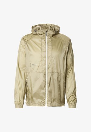 Lyse beige hættejakke med frontlynlås, elastiske manchetter og to lynlåslommer.