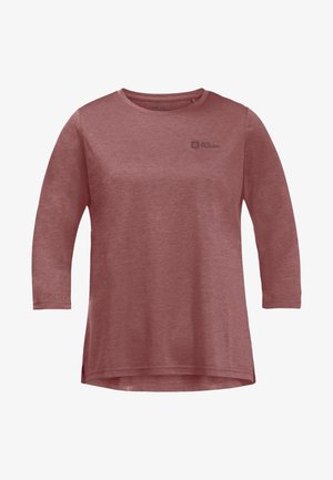 T-shirt à manches longues rose à col rond avec un logo Jack Wolfskin subtil sur la partie supérieure gauche de la poitrine et un ourlet légèrement incurvé.