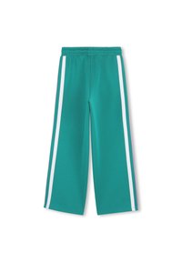 Τυρκουάζ παντελόνι φαρδιάς γραμμής μονόχρωμο, με λευκές ρίγες στο πλάι και ελαστική μέση. Κατασκευασμένο από απαλό, διαπνέον ύφασμα.