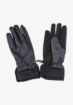 Schwarze Handschuhe mit einer glatten, weichen Außenseite und strukturierten, atmungsaktiven Handflächen. Verstellbare Handgelenkriemen mit Befestigungshardware sind enthalten.