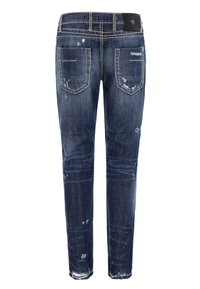 Dunkelblaue Jeans aus Denim mit abgenutzten Details, zwei Gesäßtaschen, kontrastierenden Nähten und einem kleinen Logopatch am Bund.