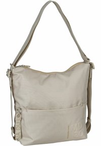 Borsa a tracolla beige realizzata in tessuto testurizzato, dotata di chiusura con zip, tracolla regolabile e tasca frontale con dettaglio del logo.