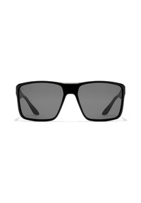 Ochelari de soare dreptunghiulari negri cu lentile întunecate de culoare gri și un finisaj mat. Brate laterale late cu o textură subtilă.
