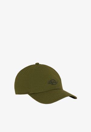 Olive green cap made of soft fabric, featuring a curved brim and six ventilation holes, with a black embroidered logo on the front.